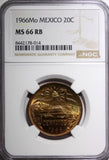 Mexico Bronze 1966 Mo  20 Centavos NGC MS66 RB TOP GRADED GEM BU KM# 440 (014)