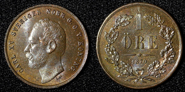 Sweden Carl XV Adolf Bronze 1870 L.A.1 Ore Choice UNC Condition KM# 705 (28 219)