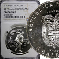 Panama Silver PROOF 1970 FM 5 Balboas NGC PF67 CAM.Central Americ.Games KM#28(9)