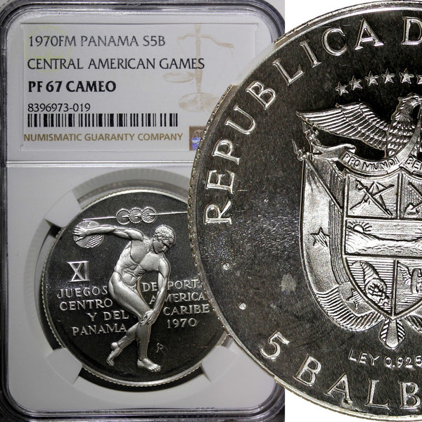 Panama Silver PROOF 1970 FM 5 Balboas NGC PF67 CAM.Central Americ.Games KM#28(9)