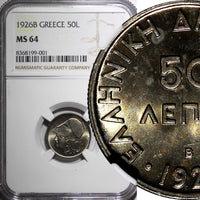 Greece Copper-Nickel 1926 B 50 Lepta Athena  Vienna Mint NGC MS64 KM# 68 (001)