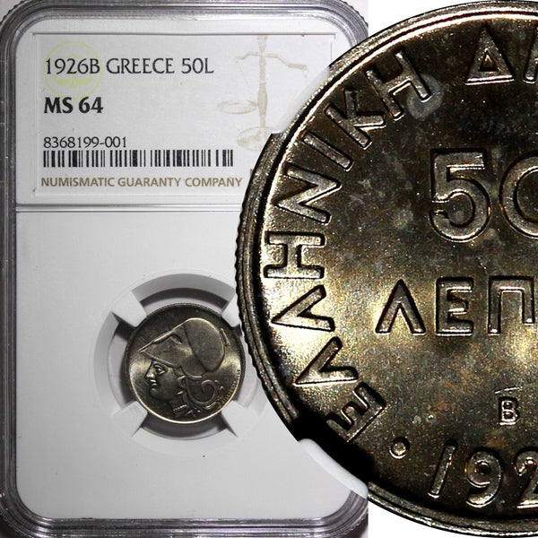Greece Copper-Nickel 1926 B 50 Lepta Athena  Vienna Mint NGC MS64 KM# 68 (001)