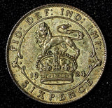 GREAT BRITAIN George V Silver 1924 6 Pence  LIGHT TONING aUNC KM# 815a.1  (76)