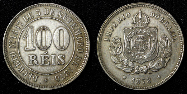 BRAZIL Pedro II  1878 100 Reis Rio de Janeiro BETTER DATE  XF KM# 477  (27 512)