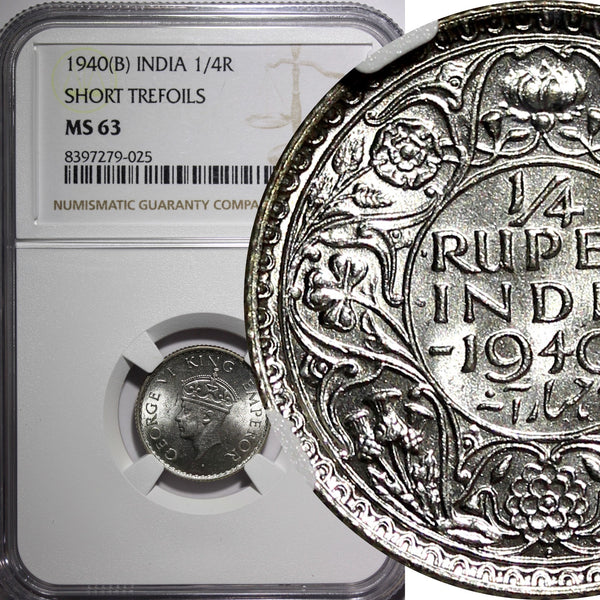 India-British George VI Silver 1940 (B) 1/4 Rupee NGC MS63 KM# 545 (025)