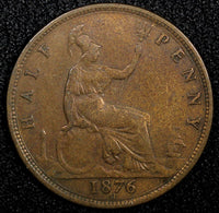 Great Britain Victoria Bronze  1876 H 1/2 Penny Heaton Mint KM# 754 (24 200)