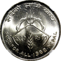 NEPAL SHAH DYNASTY Silver VS2025(1968) 10 Rupee NGC MS65 FAO BU KM# 794 (027)
