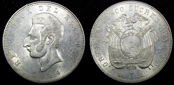 Ecuador Silver 1944 Mo 5 Sucres Mexico Mint 37.8 mm; 25g. WWII KM# 79 (26 639)