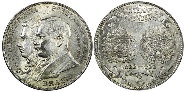 BRAZIL Silver 1922 2000 Reis Independence Centennial 1 YEAR TYPE KM# 523 (131)