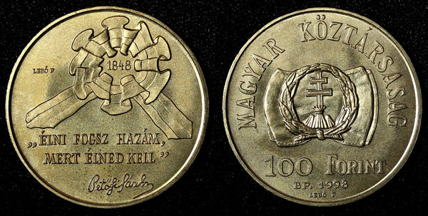 HUNGARY 1998 BP 100 Forint 1848 Revolution UNC-GEM BU COIN KM# 726 (28 052)