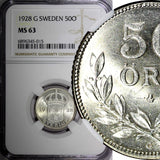 SWEDEN Gustaf V Silver 1928 G 50 Ore NGC MS63 BU KM# 788 (015)