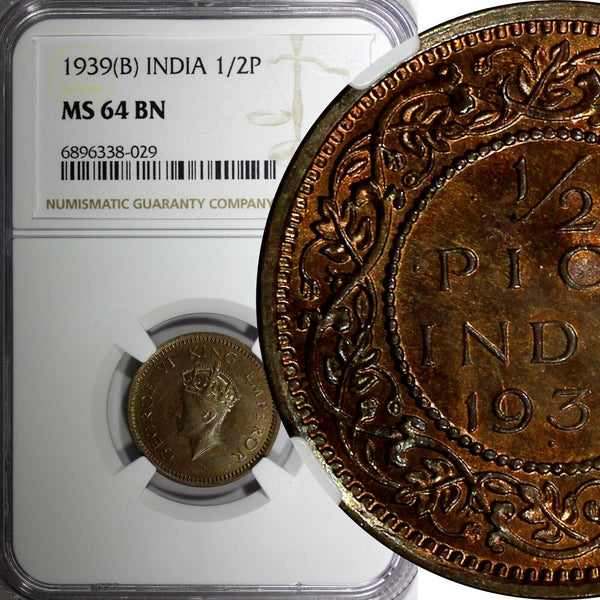 India-British George VI 1939 (B) 1/2 Pice NGC MS64 BN TOP GRADED KM# 528 (029)