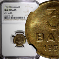ROMANIA Copper-Nickel-Zinc 1952 3 Bani NGC UNC DETAILS  1 YEAR TYPE KM# 82.2 (3)