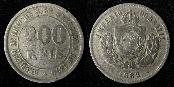 BRAZIL Pedro II Copper-Nickel 1882 200 Reis 32 mm KM# 478 (27 811)