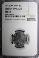 Italy 1942 R XX 20 Centesimi NGC MS63 MAGNETIC REEDED EDGE WWII  KM# 75b (52)