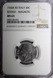 Italy 1942 R XX 20 Centesimi NGC MS63 MAGNETIC REEDED EDGE WWII  KM# 75b (52)