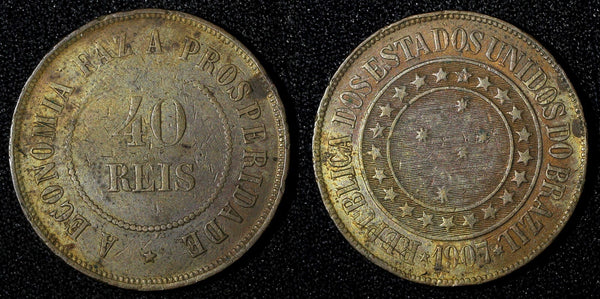 BRAZIL Bronze 1907 40 Reis 30mm BETTER DATE Mintage-217.500 KM# 491 (27 661)