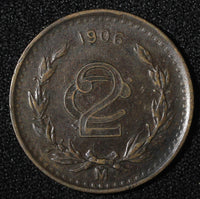 MEXICO  Bronze 1906 2 Centavos 	Narrow date XF  KM# 419 (27 415)