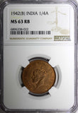 India-British George VI 1942 (B) 1/4 Anna Short Trefoils NGC MS63 RB KM# 531 (2)