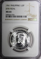 PHILIPPINES Silver 1961   1/2 Peso NGC MS64 Dr. Jose Rizal Toned KM# 191 (036)