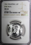 PHILIPPINES Silver 1961   1/2 Peso NGC MS64 Dr. Jose Rizal Toned KM# 191 (036)