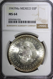 MEXICO Silver 1947 Mo 5 Pesos NGC MS64 Cuauhtemoc 40mm Nice Toned KM# 465 (026)