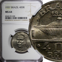 BRAZIL Oswaldo Cruz Copper-Nickel 1937 400 Reis NGC MS64 KM# 539 (028)