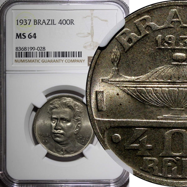 BRAZIL Oswaldo Cruz Copper-Nickel 1937 400 Reis NGC MS64 KM# 539 (028)