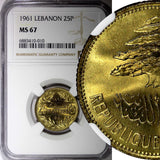 LEBANON Aluminum-Bronze 1961 25 Piastres Large Date NGC MS67 TOP GRADED KM# 16.2