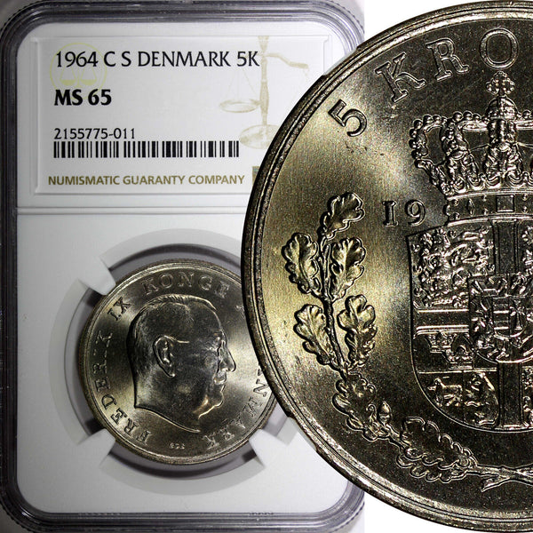 DENMARK Frederik IX Copper-Nickel 1964 5 Kroner NGC MS65 KM# 853.1 (11)