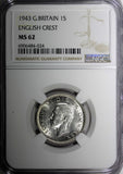 GREAT BRITAIN George VI Silver 1943 1 Shilling English Crest NGC MS62 KM#853 (4)