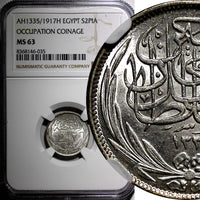 Egypt Occupation Coinage Silver AH1335/1917 H 2 Piastres NGC MS63 KM# 317.2 (35)