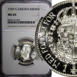 Sweden Gustaf V Silver 1929 G 1 Krona NGC MS65 Proof Like TOP GRADED KM#786.2(5)