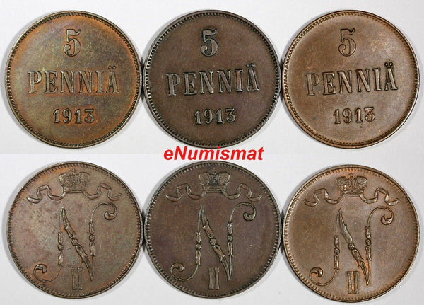 FINLAND Nicholas II Copper 1913 5 Penniä KM# 15 RANDOM PICK (1 COIN) (27 155)