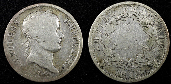 FRANCE Napoleon I Silver 1810 W 2 Francs Lille Mint SCARCE KM# 693.15 (542)