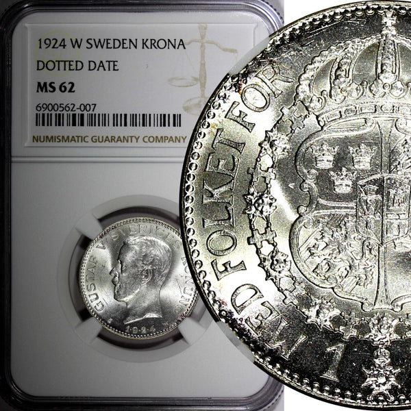 Sweden Gustaf V Silver 1924 W 1 Krona Dotted Date NGC MS62 KM# 786.1 (007)