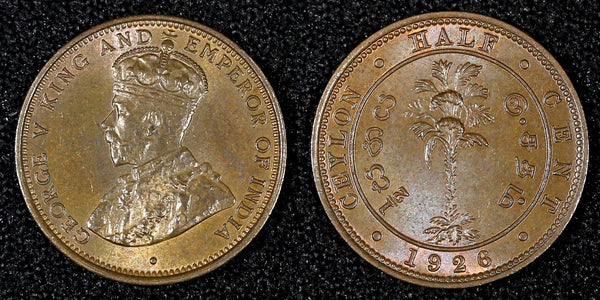 Ceylon George V Copper 1926 1/2 Cent UNC  KM# 106 (27 980)
