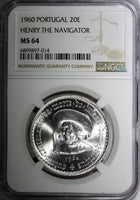 PORTUGAL Silver 1960  20 Escudos Prince Henry the Navigator NGC MS64 KM# 589 (4)