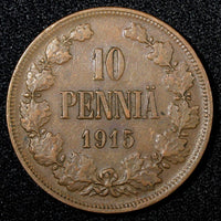 Finland Nicholas II Copper 1915 10 Penniä Mint-420,000 KM# 14 RANDOM (1 Coin)(5)