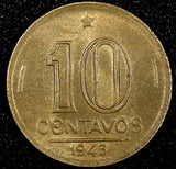 BRAZIL Copper-Nickel 1943 10 Centavos WWII Issue XF KM# 555 (24 805)