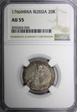 RUSSIA Catherine II Silver 1766 MMD 20 Kopecks Moscow Mint NGC AU55 C#63a.1 RARE