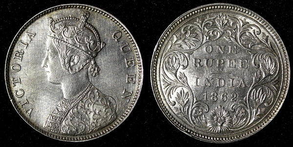 India-British Victoria Silver 1862 (B) Rupee Better Date aUNC KM# 473.1 (28 303)
