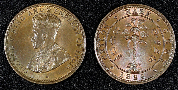 Ceylon George V Copper 1926 1/2 Cent UNC  KM# 106 (27 978)