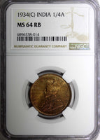 India-British George V Bronze 1934 (C) 1/4 Anna NGC MS64 RB NICE RED KM# 512 (4)