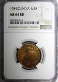 India-British George V Bronze 1934 (C) 1/4 Anna NGC MS64 RB NICE RED KM# 512 (4)