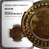 Tunisia Muhammad IV Bronze AH1322 1904 A 5 Centimes NGC MS64 RB KM# 228 (015)