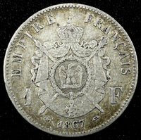 FRANCE Napoleon III Silver  1867 A 1 Franc Paris Mint KM# 806.1 (25 538)