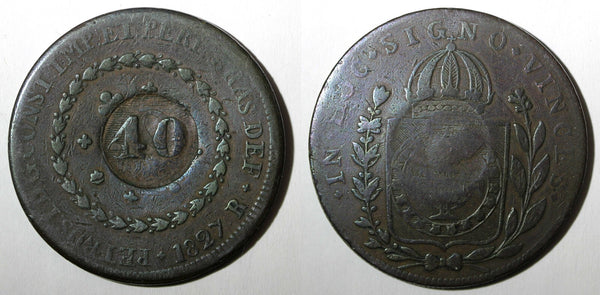 BRAZIL Pedro I 1827 R 40 Reis KM# 444.1 Countermarked 80 Réis KM# 366.1 (27 479)