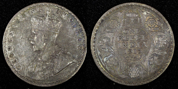 India-British George V Silver 1913  Rupee Bombay Mint Toned KM# 524 (27 361)