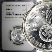 Germany-Third Reich Silver 1939 A 2 Reichs Mark NGC MS63 Hindenburg KM# 93 (022)